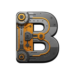 A detailed mechanical letter B, featuring gears, metallic textures, and industrial design elements, suitable for technological or engineering concepts.