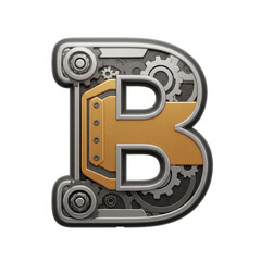 A detailed mechanical letter B, crafted with gears, metal textures, and industrial design elements, showcasing a futuristic aesthetic.