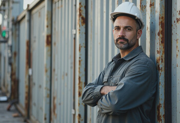 Construction facility specialist standing confidently beside storage containers