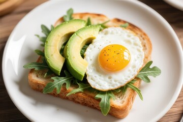 Avocado Egg Sandwiches and coffee for healthy breakfast. Whole grain toasts with mashed avocado, fried eggs and organic microgreens on darck table.