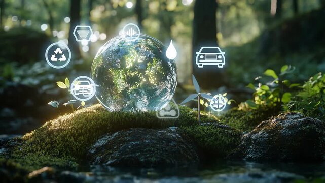 Transparent digital globe with glowing environmental icons floating above mossy rocks in a forest stream, sustainability, green technology, eco awareness, nature conservation, climate responsibility
