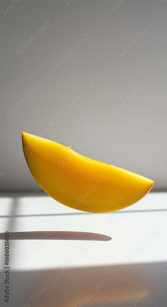 Poster floating peeled mango slice with sunlight backlight and soft shadow on seamless white surface