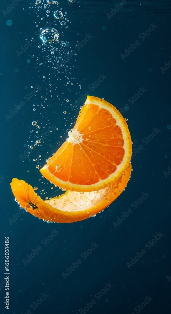 Poster peeled orange fruit segment floating underwater with tiny bubbles on deep ocean blue background