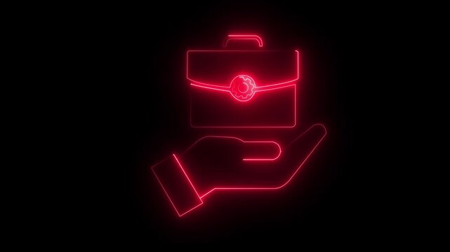 glowing neon motion outline of an open hand, hand motion abstract neon effect glowing bag icon animation.Bright blue neon hand light sign on black for design concept animation.4K