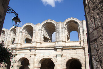 Arena Street in front of the Roman  Amphitheater in Arles, Provence, France