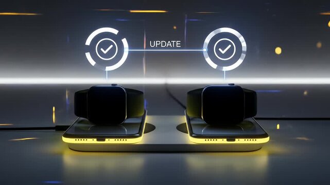 Phone and watch resting on a charging pad complete linked update rings together as a thin HUD line connects them and twin checks arrive in unison