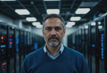 Obraz premium IT specialist standing confidently in a computer facility equipment area