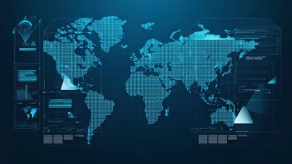 Digital world map with glowing blue data grids and futuristic interface elements, representing global communication, information technology, data analysis, cyber systems, advanced virtual connectivity - Powered by Adobe