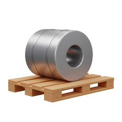 A large rolled metal coil rests securely on a wooden pallet, showcasing industrial manufacturing and material handling concepts.