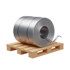 A shiny metal coil of rolled steel rests on a wooden pallet, representing industrial manufacturing and material handling.
