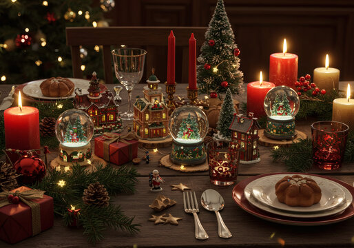 AI-generated realistic images of Christmas-themed table settings.