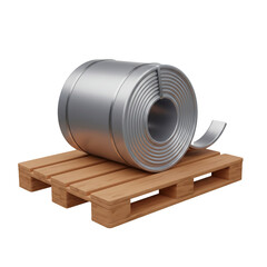 A shiny metal coil of rolled steel rests on a wooden pallet, ready for transport or storage in an industrial setting.
