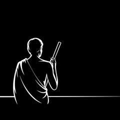 Black and white minimalist vector illustration of Mahatma Gandhi from behind, a tribute to the iconic mahatma