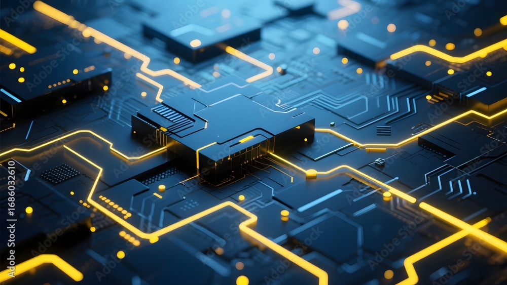 Poster high-tech circuit board with illuminated pathways