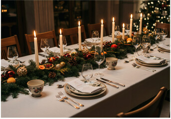 Fototapeta premium AI-generated realistic images of Christmas-themed table settings.
