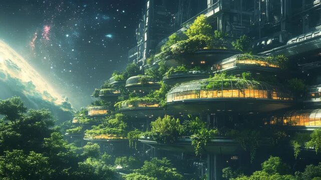 Futuristic eco-city with lush greenery integrated into high-tech architecture in space, sustainable living, green technology, planetary colonization, utopia vision of nature and innovation combined