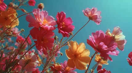 Vibrant flowers bloom under bright sky, low angle highlights petals in bold, sunlit beauty.