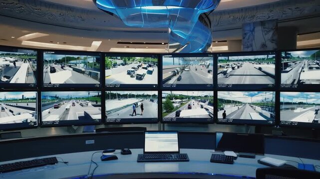 High-tech surveillance control room with multiple monitors showing live traffic footage, representing real-time monitoring, public safety, urban security systems, intelligent transportation management