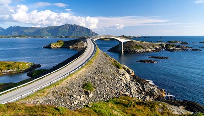 A breathtaking coastal highway bridge, winding over the tranquil waters, showcasing a stunning landscape.