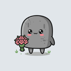 cute tombstone character with flower bouquet illustration halloween collection
