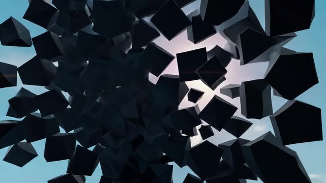 Silhouette of a head dissolving into floating black cubes with bright sunlight shining through the fragments, transformation, creativity, digital identity, mental clarity, and abstract expression