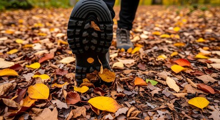 Obraz premium Person walking through a forest covered in colorful autumn leaves