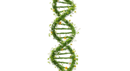 Dna double helix intertwined with green vines and small white and yellow flowers, isolated on transparent background
