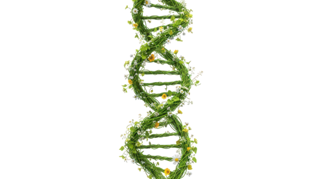 Dna double helix intertwined with green vines and small white and yellow flowers, isolated on transparent background