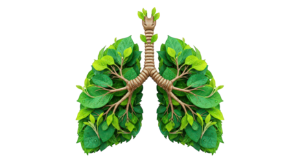 Green lungs made of leaves and branches, symbolizing health and nature, isolated on transparent background