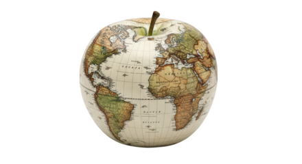 An apple with a world map printed on it, isolated on transparent background