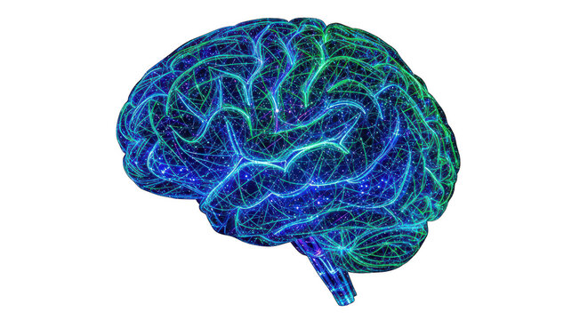 Abstract digital illustration of a human brain made of glowing blue and green network connections, isolated on transparent background