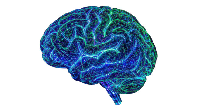 Abstract digital illustration of a human brain made of glowing blue and green network connections, isolated on transparent background