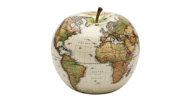 An apple with a world map printed on it, isolated on transparent background
