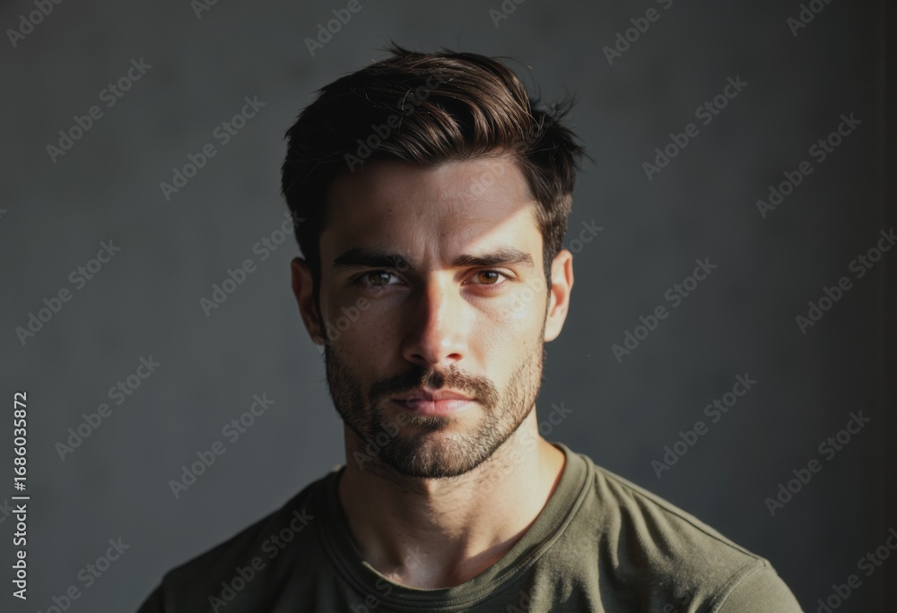 Poster clean portrait of a man with a strong, defined face and intense expression