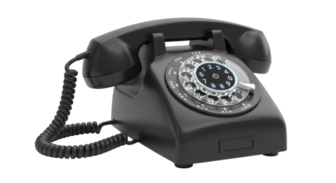 A vintage black rotary dial telephone with a coiled cord, isolated on transparent background