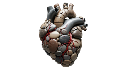Anatomical heart made of stones and pebbles, isolated on transparent background