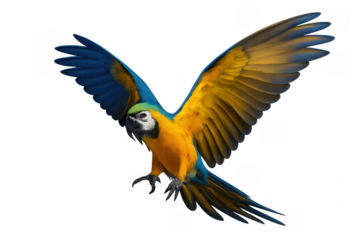 Blue and yellow macaw flying with transparent background