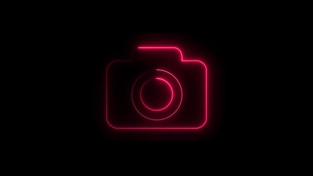 glowing neon camera icon isolated , recording, and film themes. Social media video camera Animation of glowing neon Video camera.Blue and pink color glow neon camera.glowing neon purple
