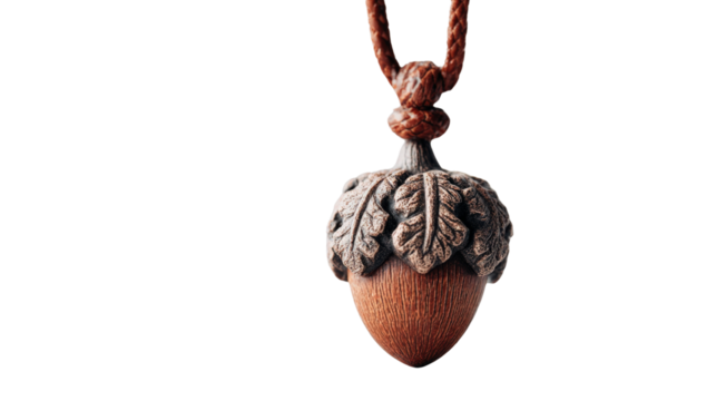 Nature-inspired necklace with a pendant shaped like an acorn, isolated on a Transparent background, PNG file.