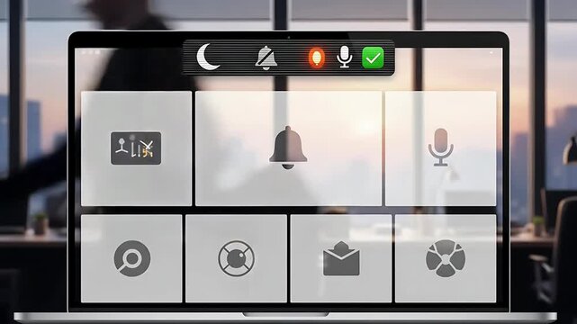 Office dawn: icon-only task tiles sit under a subtle pixel shimmer as the status-bar moon glows; a micro check appears and everything quiets