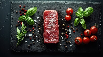 Raw steak on dark slate, garnished with herbs and cherry tomatoes