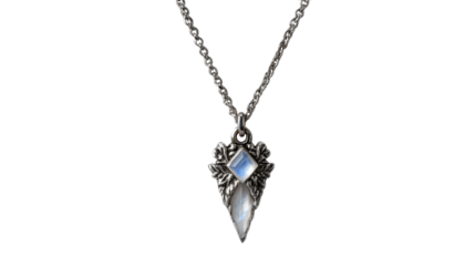 Necklace with a pendant designed as a mountain peak, with silver and moonstone, isolated on a Transparent background, PNG file.