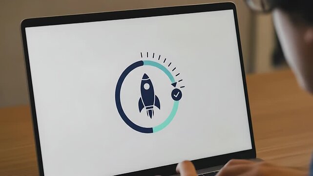 OTS laptop with a bold rocket icon: the ring fills smoothly, the rocket nudges forward, and a precise check pops at one o�clock to signal deploy