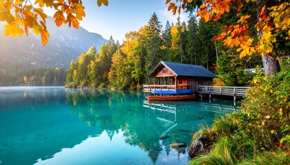 A serene wooden boathouse sits peacefully on a tranquil alpine lake, reflecting the vibrant autumnal foliage in its crystal-clear waters.