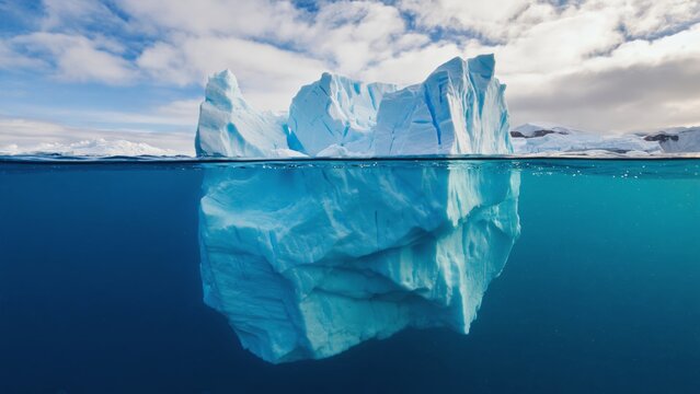 Majestic iceberg reflections this stunning underwater view of an iceberg in calm waters captured with clarity, set against a beautiful cloudy sky in a remote arctic setting, showcasing nature beauty