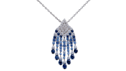Necklace with a pendant shaped like a waterfall, featuring cascading diamonds and sapphires, isolated on a Transparent background, PNG file.