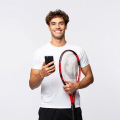 Smiling Male Tennis Player Holding Smartphone and Racket