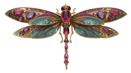 Pendant designed like a dragonfly with intricate gemstone wings, isolated on a Transparent background, PNG file.
