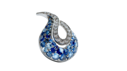 Pendant featuring a water droplet shape with diamonds and blue sapphires, isolated on a Transparent background, PNG file.