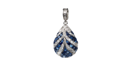 Pendant featuring a water droplet shape with diamonds and blue sapphires, isolated on a Transparent background, PNG file.